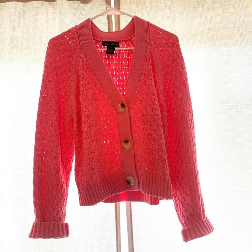 Spring Coral Open-Knit Button Front Cardigan